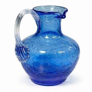 Vintage Pilgrim Glass Blue Crackle Mini Pitcher 3 1/2" Hand Blown Clear Handle